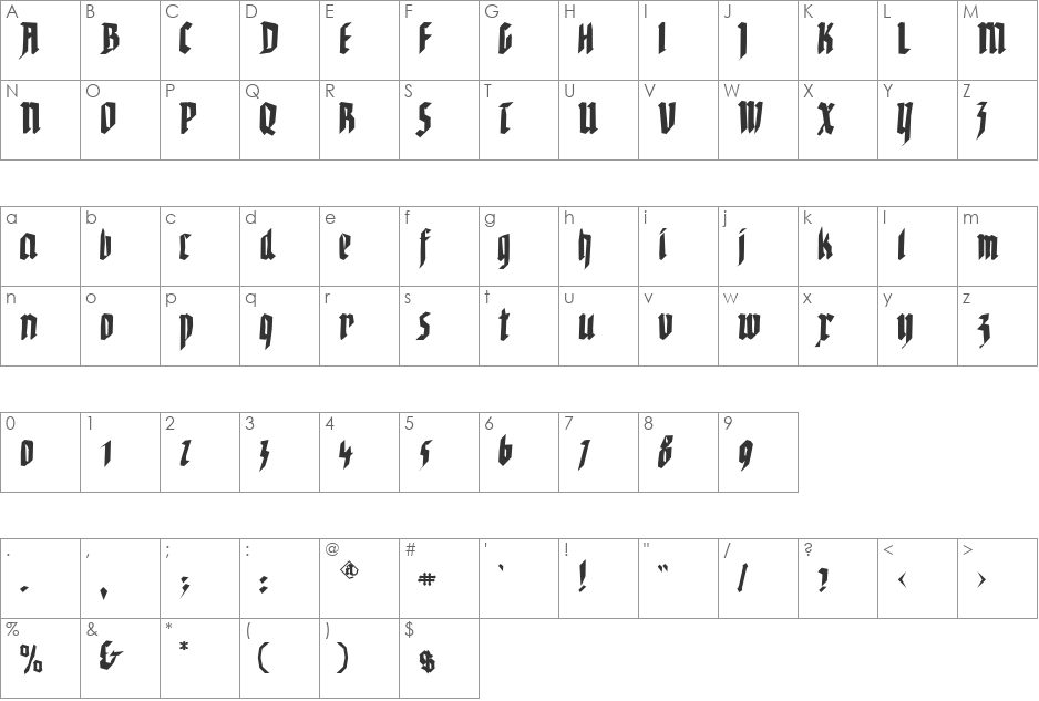 WaldarbeiterGotisch font character map preview