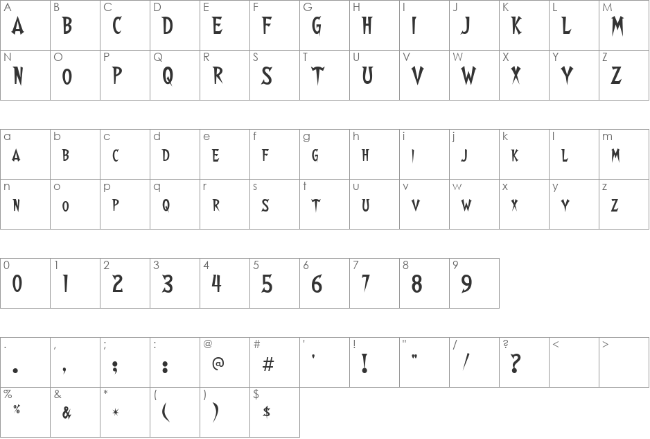 Walshes Outline font character map preview