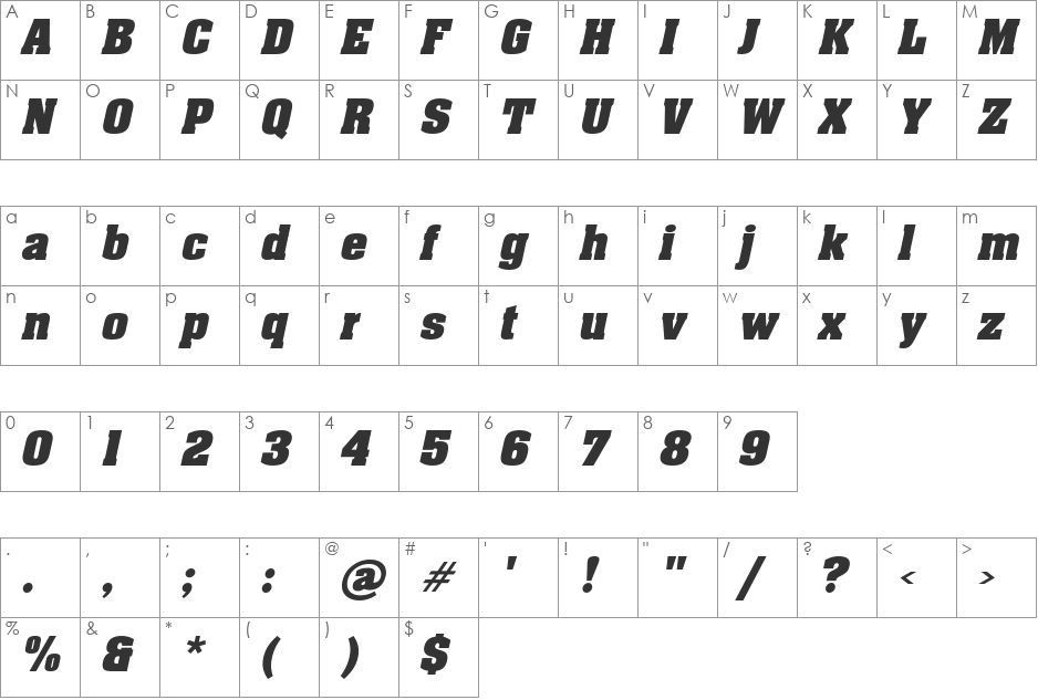 Billboard font character map preview