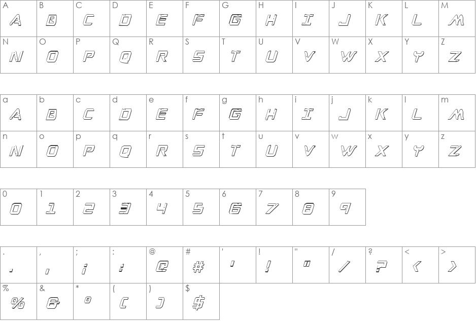 War Eagle 3D Condensed Italic font character map preview