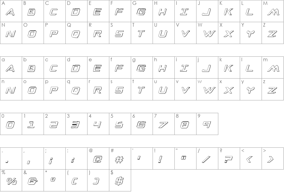 War Eagle 3D Italic font character map preview