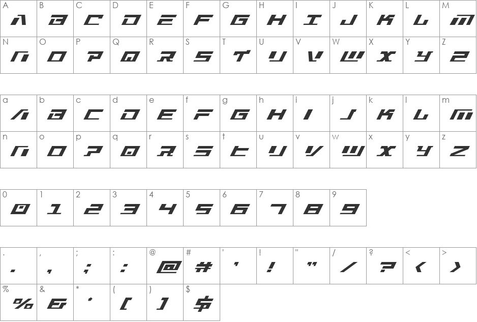 War Machine Super-Italic font character map preview