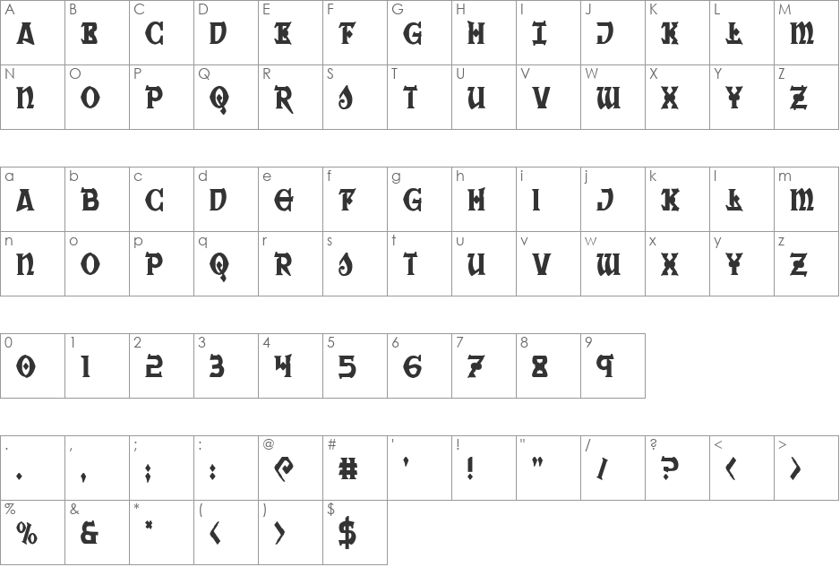 War Priest Condensed font character map preview