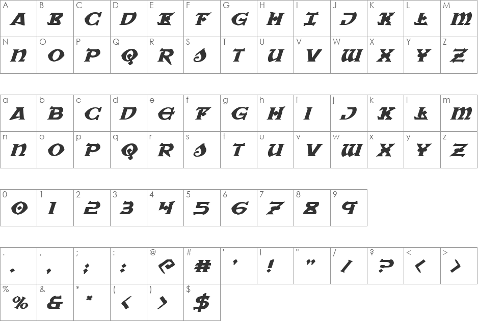 War Priest Expanded Italic font character map preview