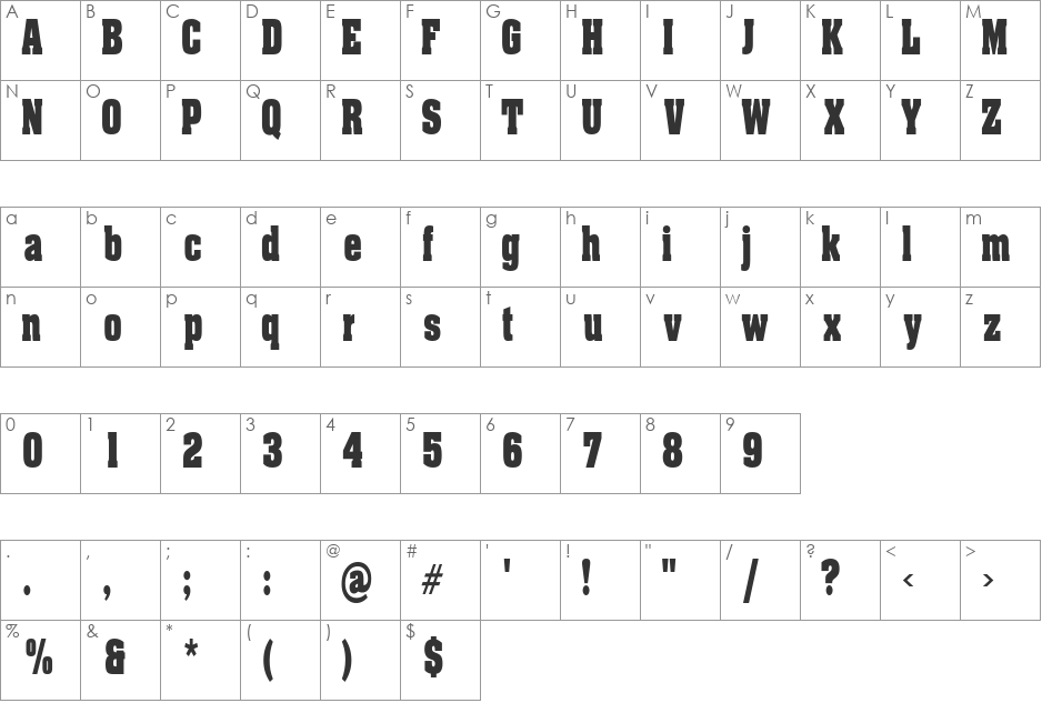 BillboardCondensed font character map preview