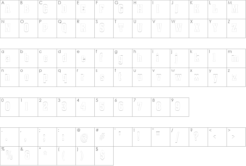 BillboardOutlineCondensed font character map preview