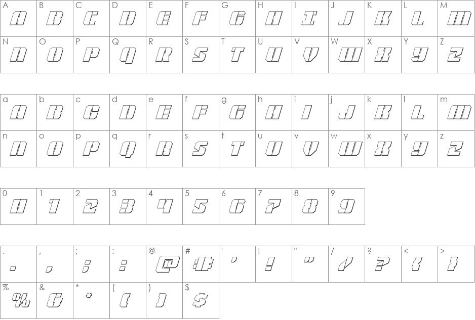 Warp Thruster 3D Italic font character map preview