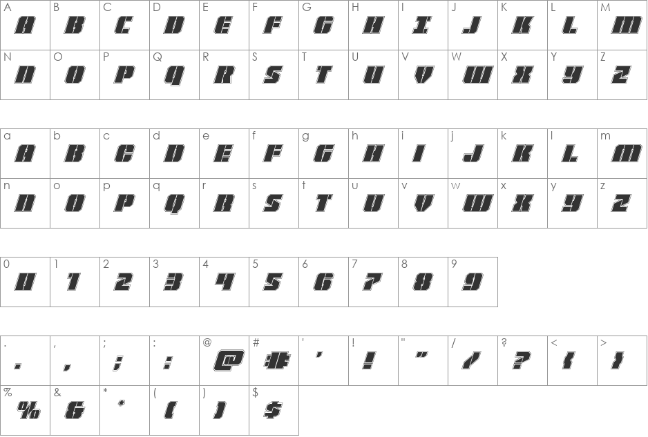 Warp Thruster Academy Italic font character map preview