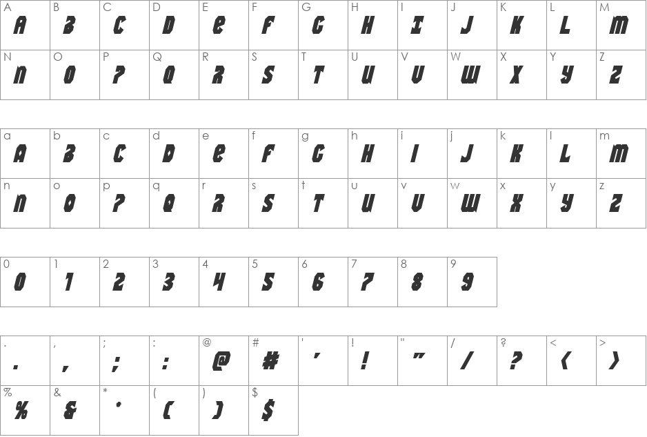 Warrior Nation Bold Italic font character map preview