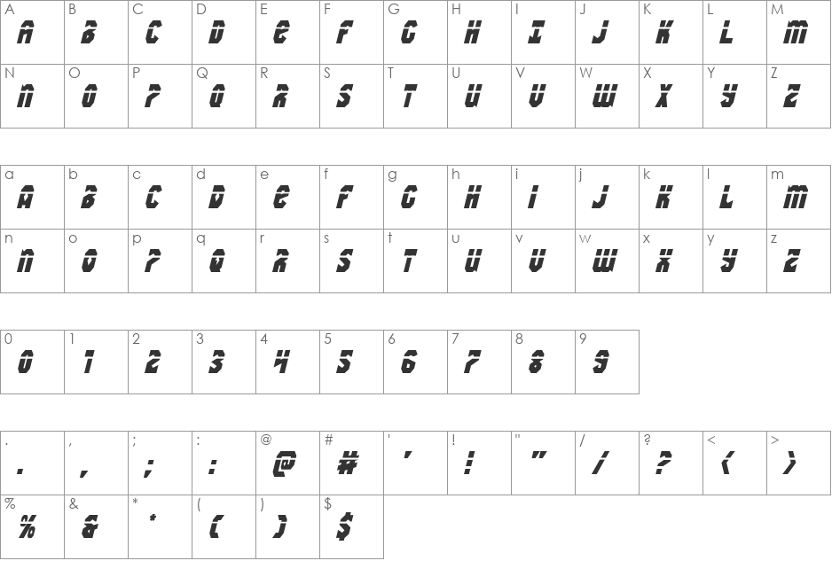 Warrior Nation Laser Italic font character map preview