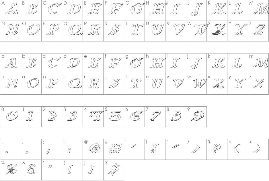 Wars of Asgard 3D Italic font character map preview