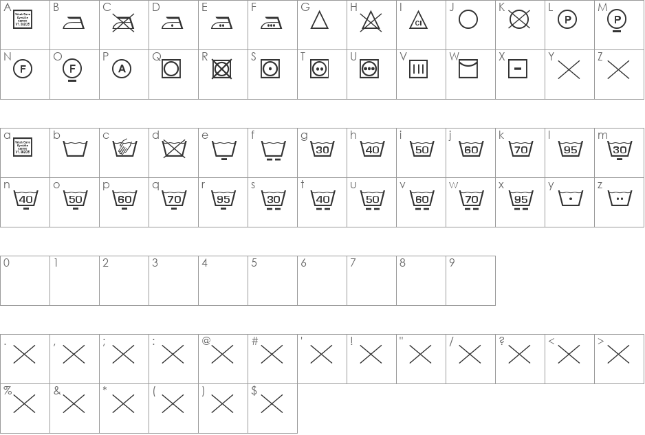 Wash Care Symbols Classic M54 font character map preview