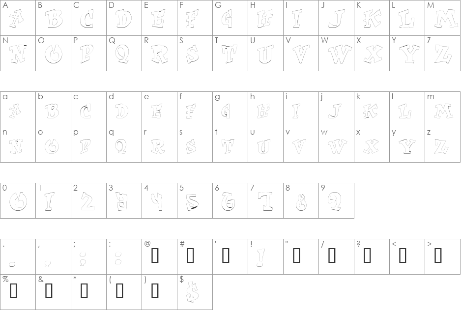 WassOutline font character map preview