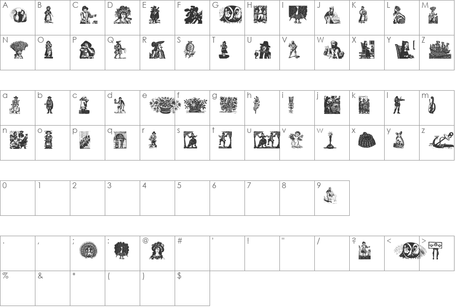 WasWoodcuts font character map preview