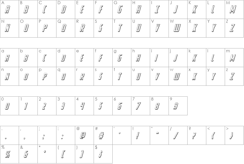 Watchtower 3D Italic font character map preview