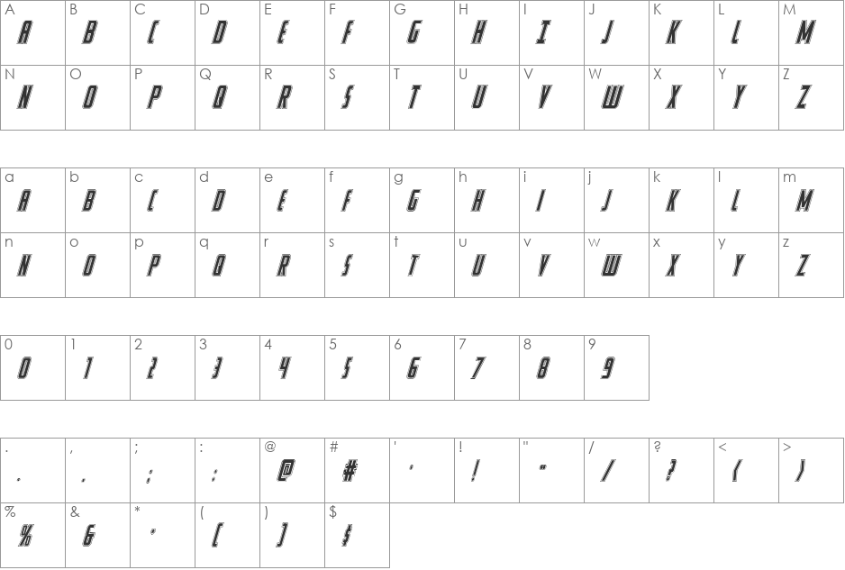 Watchtower Academy Italic font character map preview