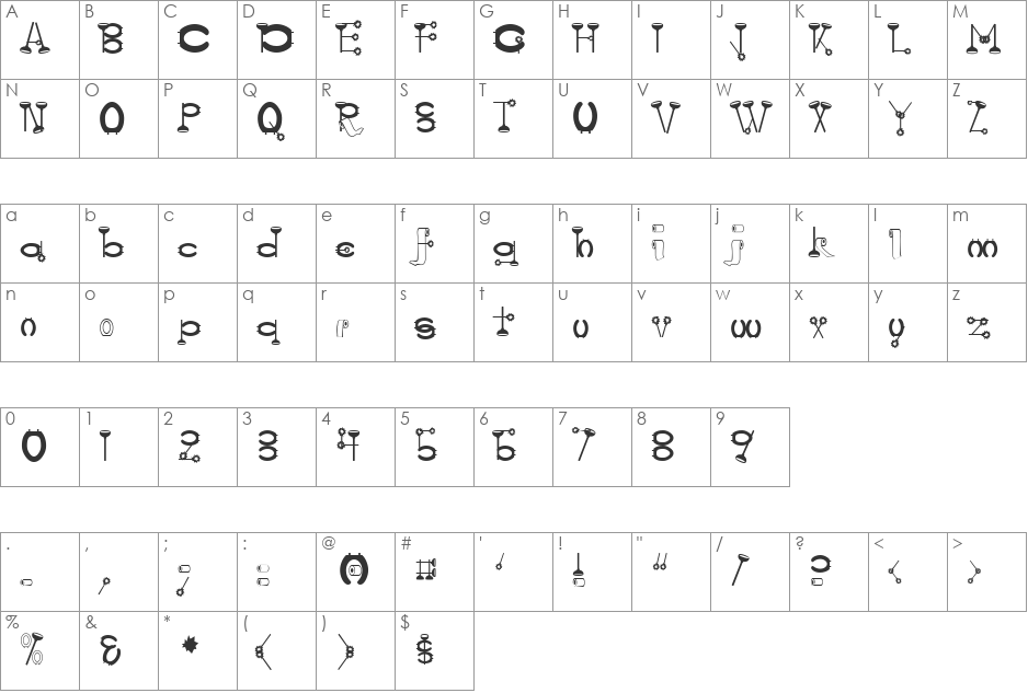 WaterCloset font character map preview