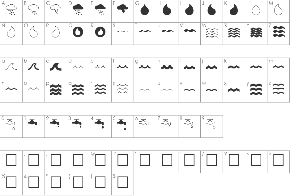 WaterFont font character map preview