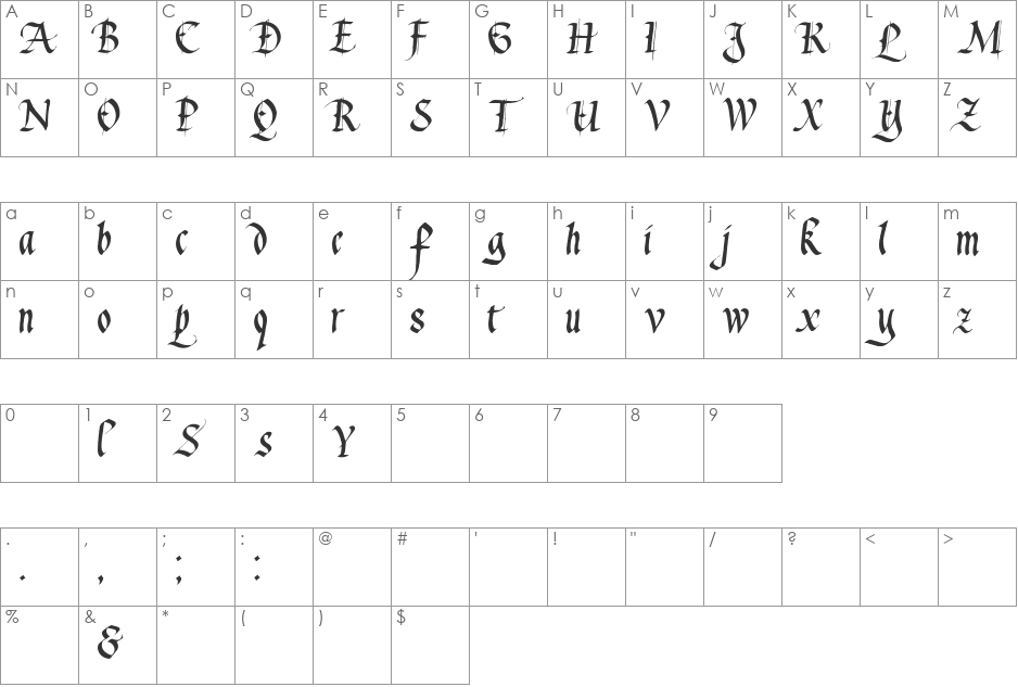Waters Gothic font character map preview