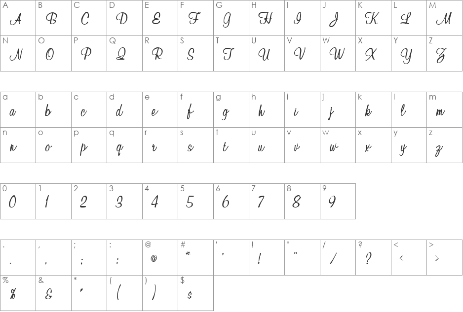 Waugh font character map preview