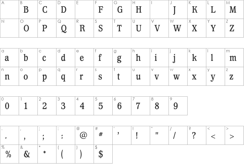 WaverlyBoldCondensed font character map preview