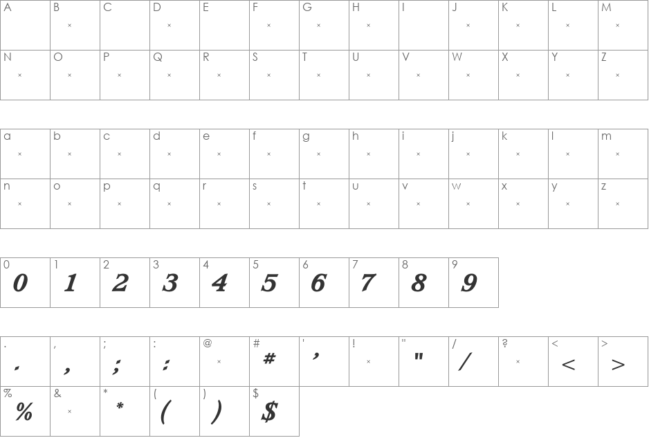 WaverlyLight font character map preview