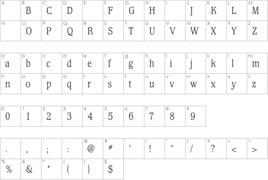 WaverlyLightCondensed font character map preview