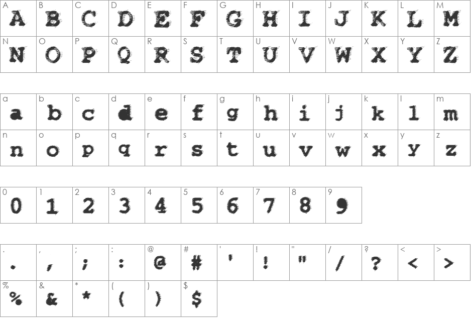 WBXflack font character map preview