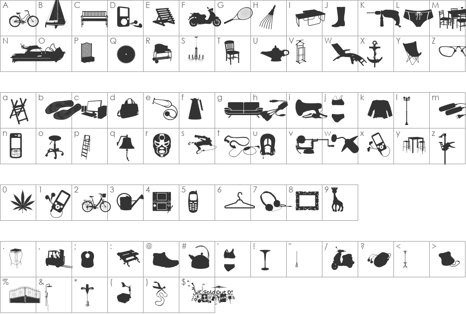 WC Sold Out D Bta font character map preview