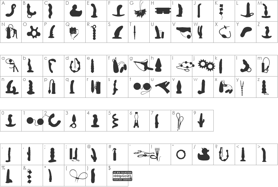 WC XXXplicit Bta font character map preview