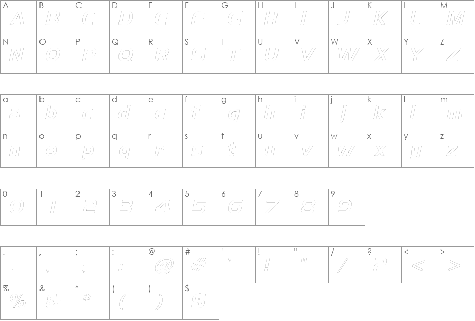 AeroOutline font character map preview