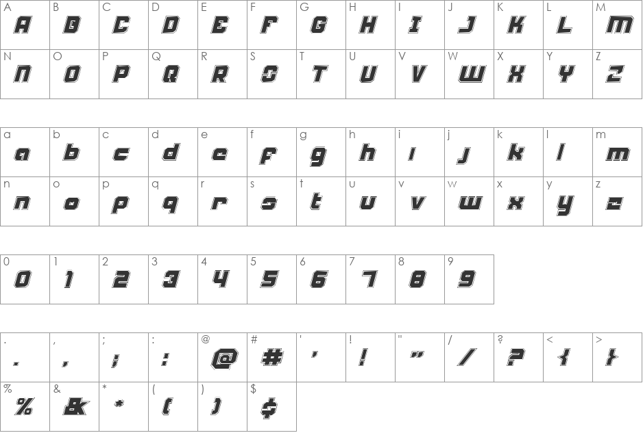 Weaponeer Academy Italic font character map preview