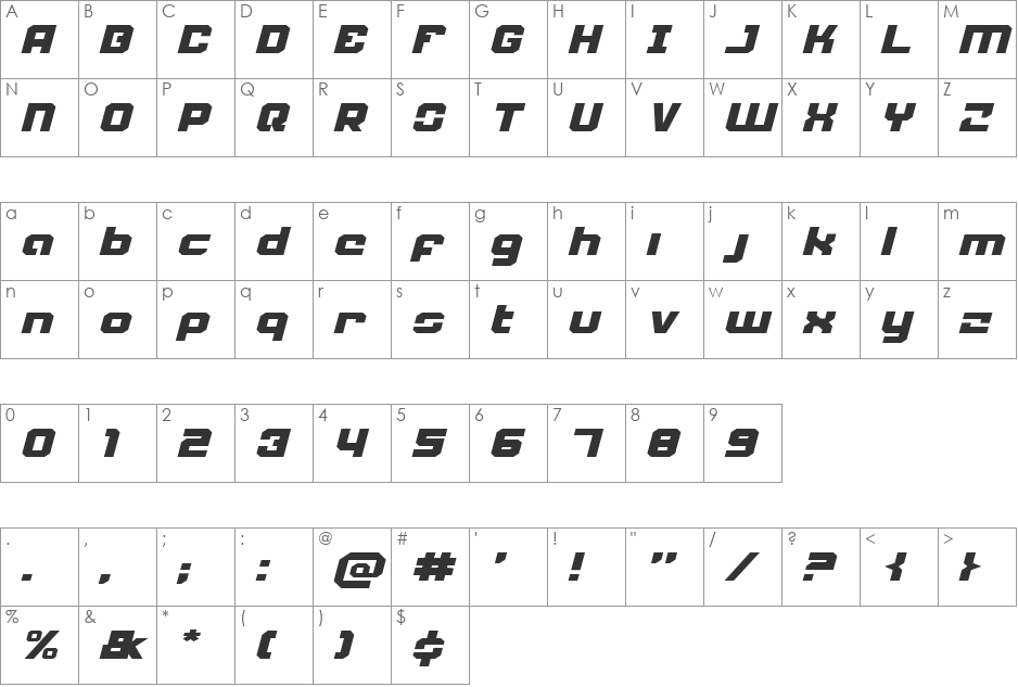 Weaponeer Expanded Italic font character map preview