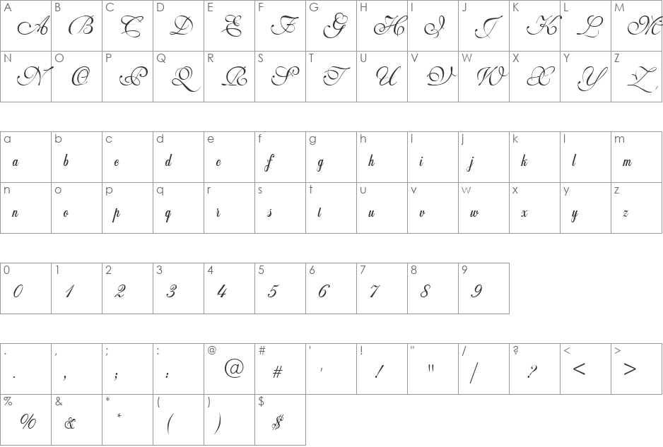 Wedding Script Bail font character map preview