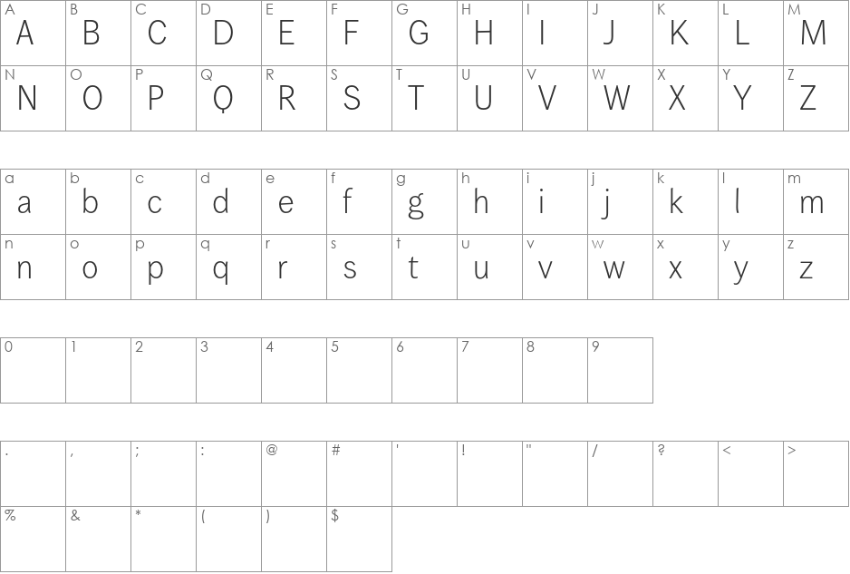 Wendelin Reduced font character map preview