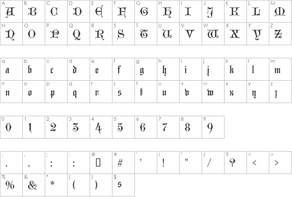 Westminster Gotisch font character map preview