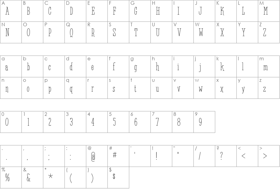 Westmore BV font character map preview