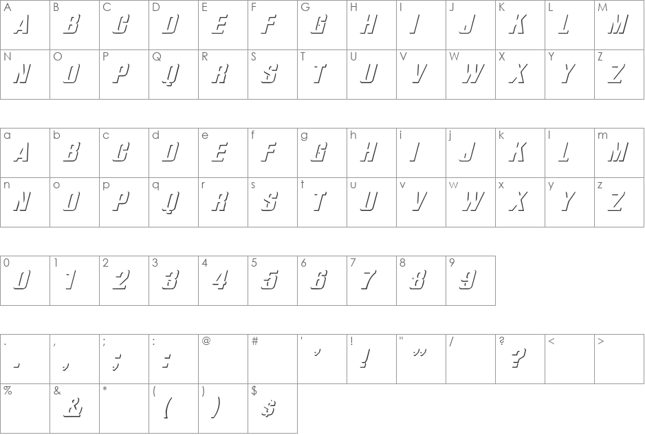 WhatA-Relief Italic font character map preview