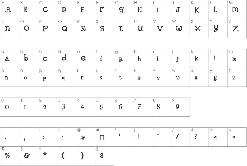 Whimsical Wilma font character map preview