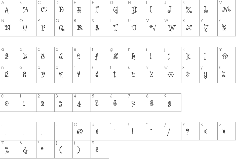 Whimsy Baroque ICG font character map preview
