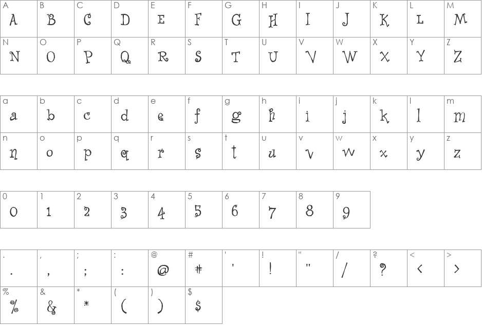 Whimsy ICG font character map preview
