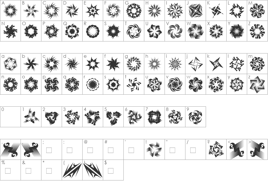 WhirligigBigOne font character map preview