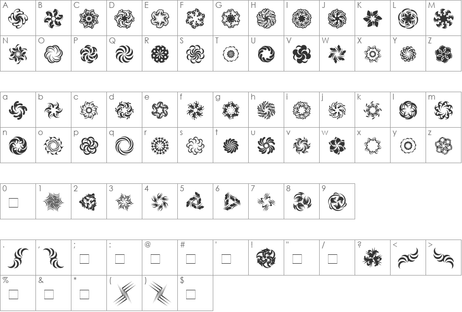 WhirligigTwo font character map preview