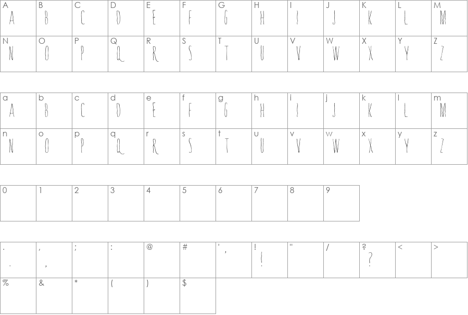 Whisperings font character map preview