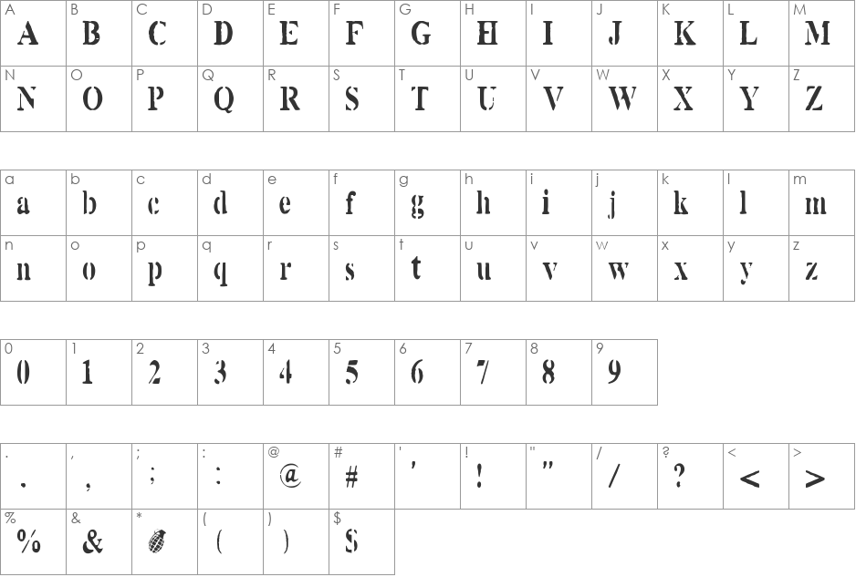White Army font character map preview