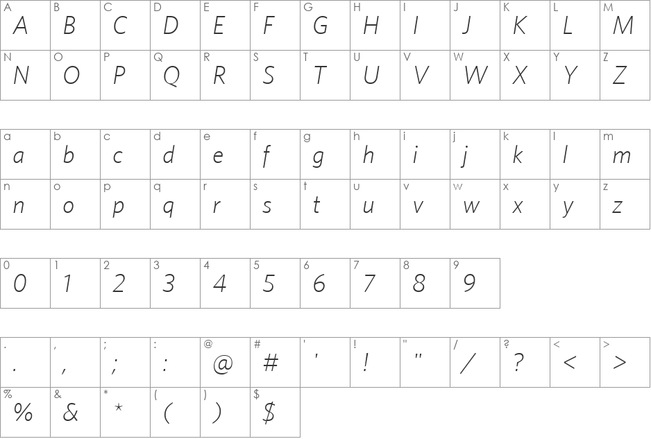 Whitney-Light font character map preview