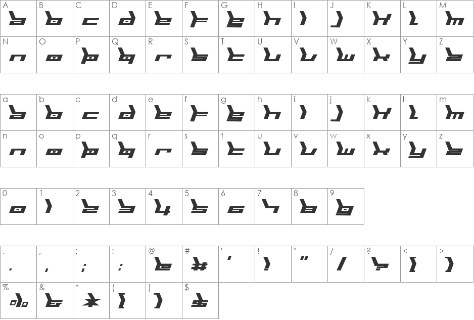 Biomechanic font character map preview