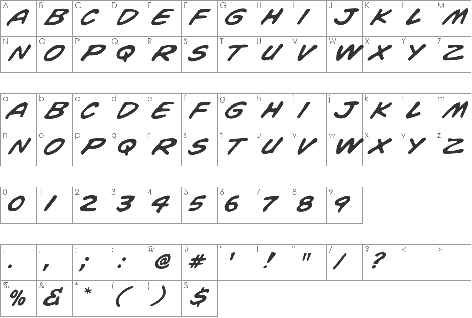 WhizBang font character map preview