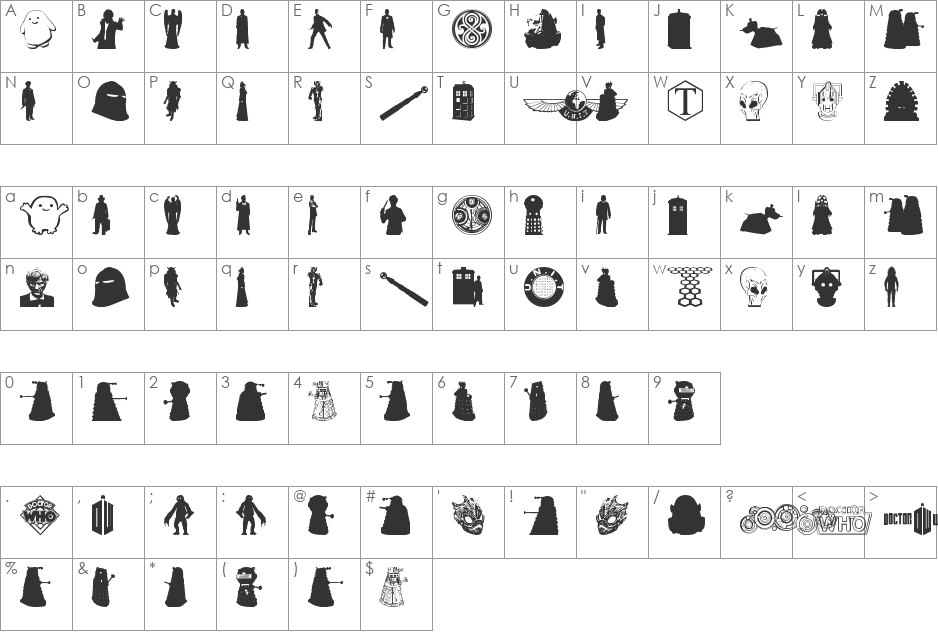Whovian font character map preview
