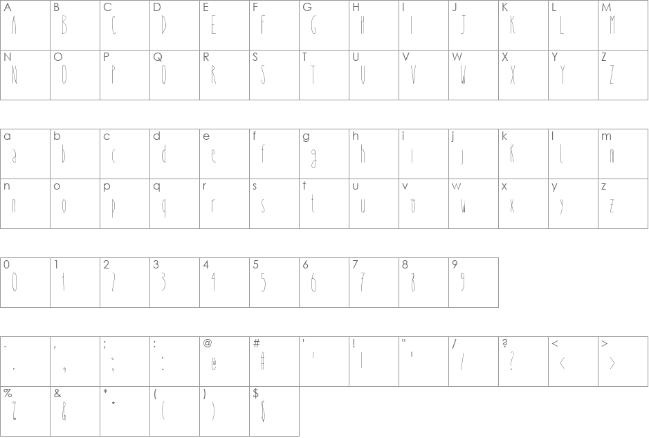 WhySoSkinny font character map preview